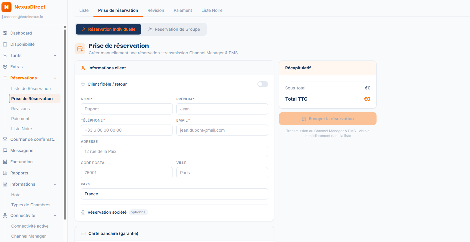 Extranet HotelNexus — Prise de réservation