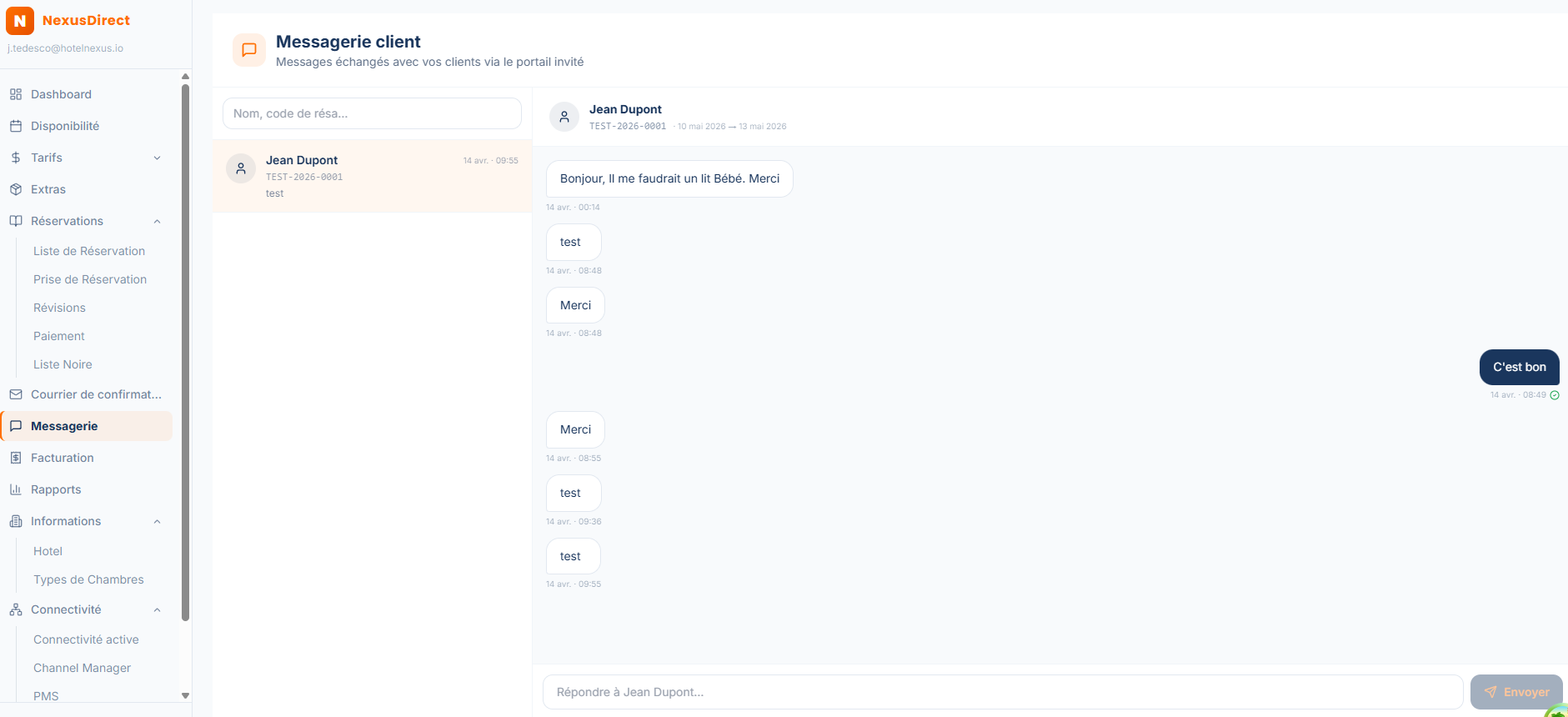 Extranet HotelNexus — Messagerie client directe