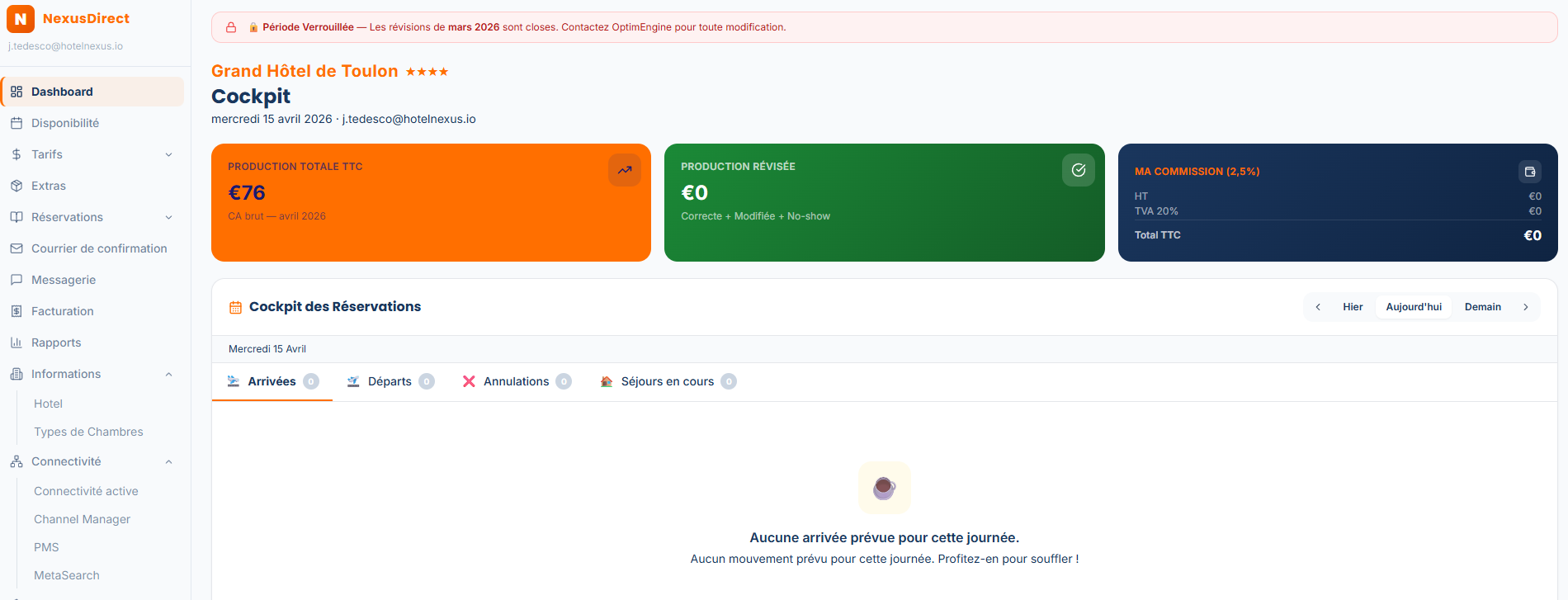 Extranet HotelNexus — Dashboard cockpit des réservations